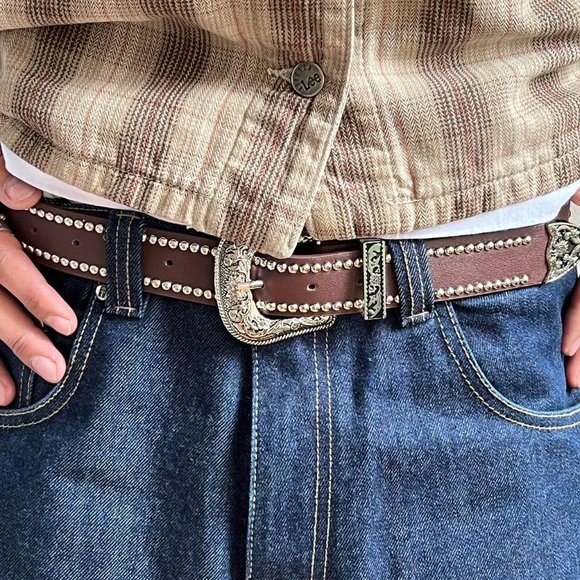 vintage brown studded american western cowboy boho belt - Picture 7 of 8
